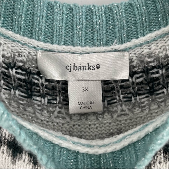 CJ Banks Teal White Black Grey Silver Thread Fair Aisle Soft Crew Neck Sweater - Picture 3 of 10